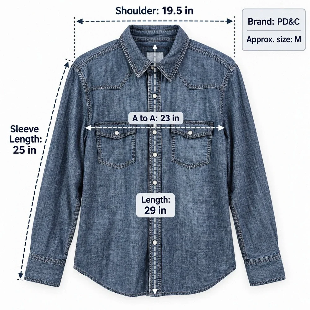PD&C Mens Denim Western Shirt Blue Pearl Snap Roll Tab PW9ZA0BD Medium